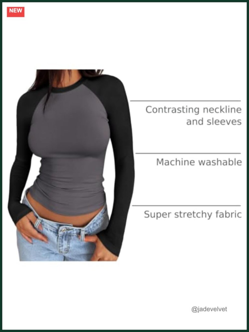 Women's Long Sleeve Raglan T-Shirt Stretchy Crew Neck Fitted - Picture 3 of 6